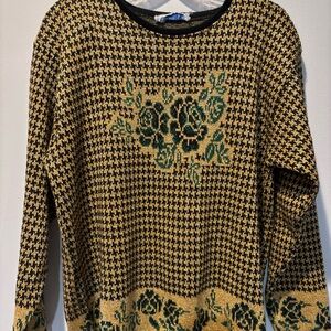 80’s Knit Montreal Sweater Women's L Gold Shining Floral Green Old Money